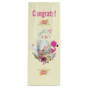 Sac Cadeau Pour Bouteille Oeuf mignon, Flamant rose rose et lapin, Aquarelle