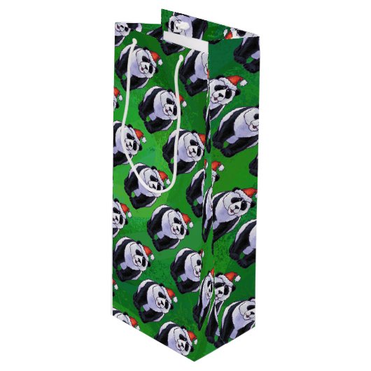 Sac Cadeau Pour Bouteille Ours de panda à Santa Hat sur Vert (Devant Angle)