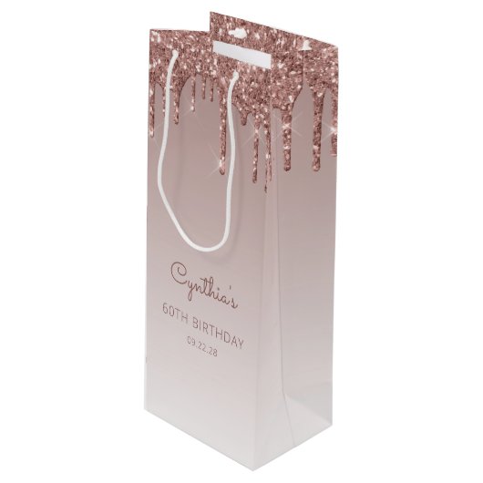 Sac Cadeau Pour Bouteille Parties scintillant Drip 60e anniversaire Rose or (Devant Angle)