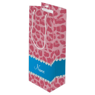 Sac Cadeau Pour Bouteille Personalized name pretty pink leopard blue stripe