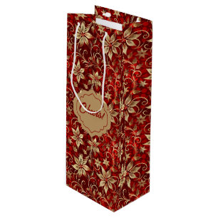 Sac Cadeau Pour Bouteille Poinsettias Métal Or Sur Rouge