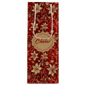 Sac Cadeau Pour Bouteille Poinsettias Métal Or Sur Rouge (Devant)