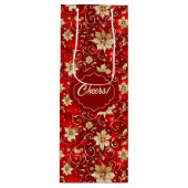 Sac Cadeau Pour Bouteille Poinsettias Métal Or Sur Rouge (Devant)