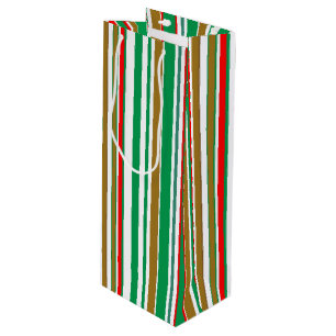 Sac Cadeau Pour Bouteille Rayures de Noël modernes rouges, vertes et dorées