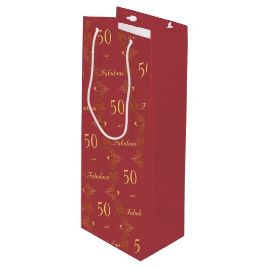 Sac Cadeau Pour Bouteille Red Gold moderne 50 Fabuleux anniversaire (Devant Angle)
