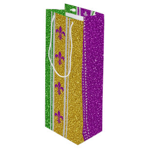 SAC CADEAU POUR BOUTEILLE REGARD PAILLETÉ OR VERT VIOLET MARDI GRAS