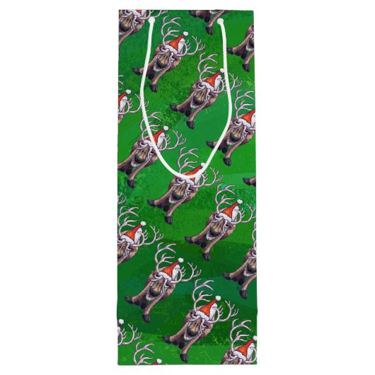 Sac Cadeau Pour Bouteille Reindees Noël Sur Vert (Dos)