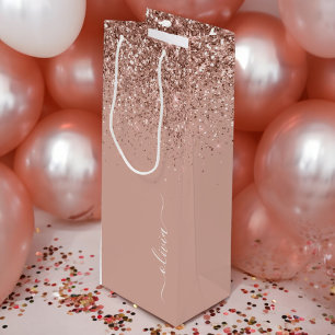 Sac Cadeau Pour Bouteille Rose Gold Blush Pink Parties scintillant Script Mo