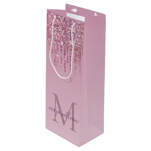 Sac Cadeau Pour Bouteille Rose Parties scintillant Lecteurs Monogramme Perso (Devant Angle)