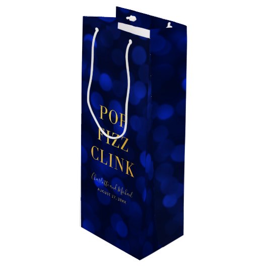 Sac Cadeau Pour Bouteille Sapphire Blue Bokeh Faux Gold Pop Fizz Clink (Devant Angle)