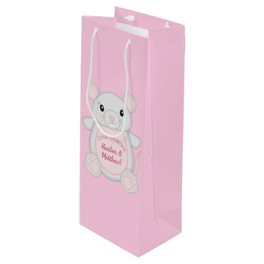 Sac Cadeau Pour Bouteille Souris Baby shower rose (Devant Angle)