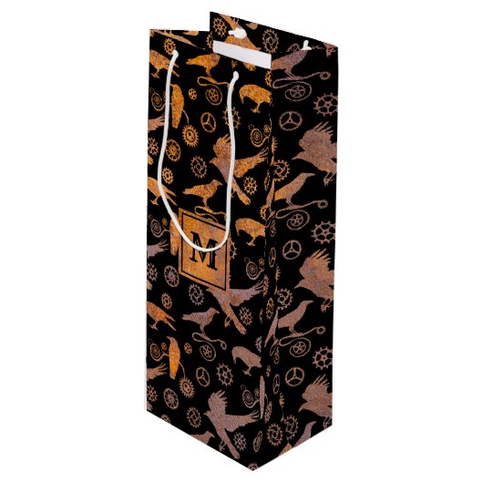 Sac Cadeau Pour Bouteille Steampunk Rusty Gears and Crows Monogram (Devant Angle)