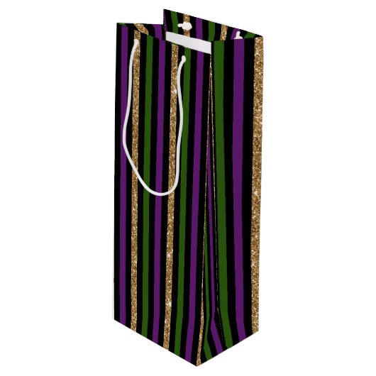 SAC CADEAU POUR BOUTEILLE STRIPES MARDI GRAS VERT ROUGE NOIR (Devant Angle)