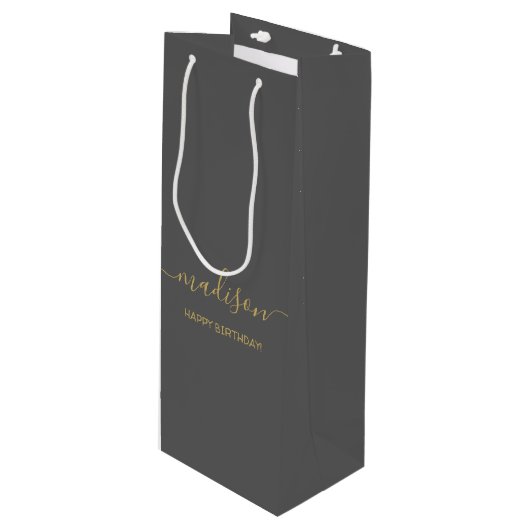 Sac Cadeau Pour Bouteille Texte de nom personnalisé Chic Or Script Gris (Devant Angle)