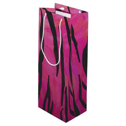 Sac Cadeau Pour Bouteille Tiger rose chaud et noir (Devant Angle)