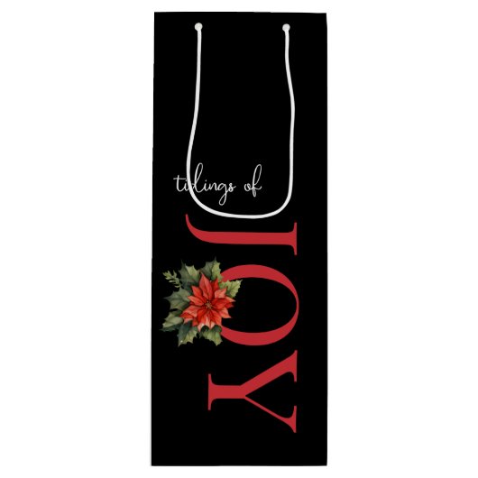 Sac Cadeau Pour Bouteille TIGES DE JOY RED CHRISTMAS POINSETTIA sur NOIR, (Devant)