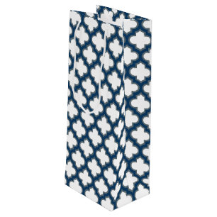 Sac Cadeau Pour Bouteille Trellis bleu blanc et marine, treillis, Quatrefoil