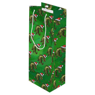 Sac Cadeau Pour Bouteille TRex à Santa Hat sur Green