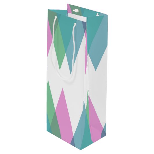 Sac Cadeau Pour Bouteille Triangles rose et vert (Devant Angle)