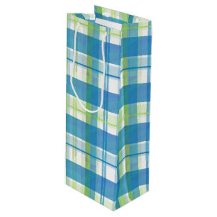 Sac Cadeau Pour Bouteille Vert et bleu de plaid de Madras