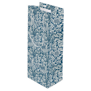 Sac Cadeau Pour Bouteille William Morris Fleurs Vintages Oiseaux Bleu Blanc