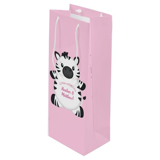 Sac Cadeau Pour Bouteille Zebra Baby shower Safari Rose Girl (Devant Angle)