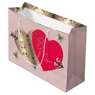 Sac Cadeau Rose rose et bronze Coeur Saint Valentin Grand