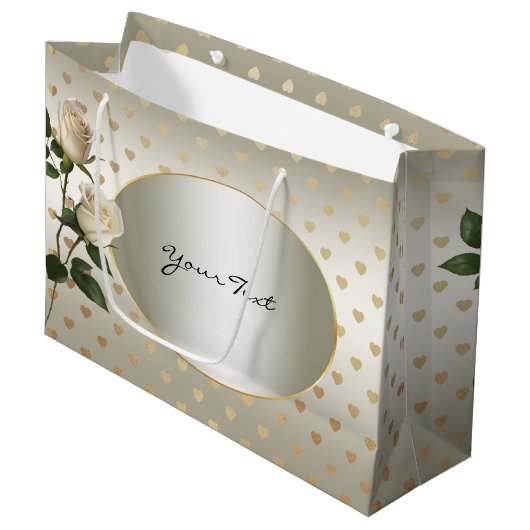 Sac Cadeau Roses Blanches Cœurs Dorés (Devant Angle)