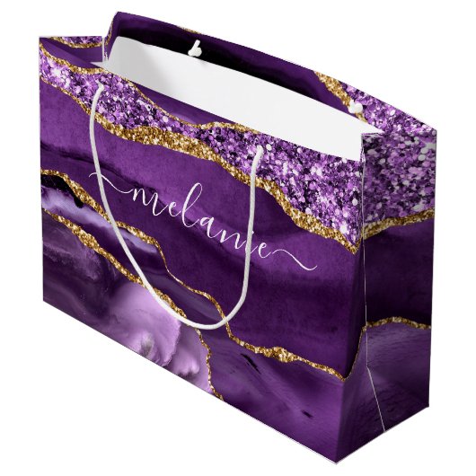 Sac Cadeau Votre Nom Marbre Paillettes Or Violet (Dos Angle)