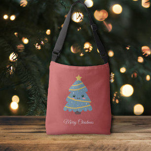 Sac croisé rouge avec arbre de Noël Kawaii