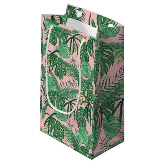 Sac de cadeau de feuille tropical rose et vert (Devant Angle)