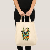Sac de Courses Papillon Bleu & Fleurs Tropicales – (Devant (produit))
