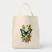 Sac de Courses Papillon Bleu & Fleurs Tropicales – (Devant)