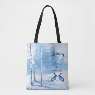 Sac de mariage d'hiver aux lapins blancs bleus