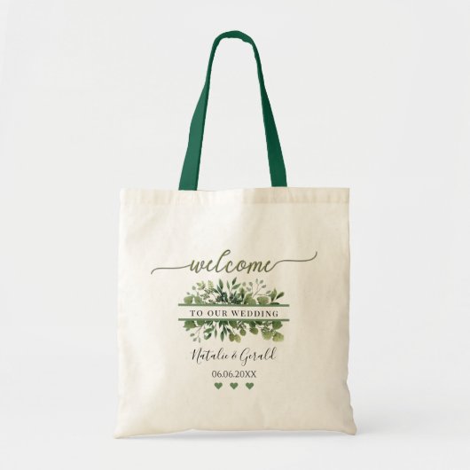 Sac de mariage verdure à écriture de bienvenue (Devant)