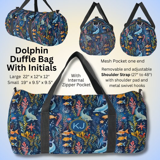 Sac De Sport Ajouter Initiales, Baignade Dauphins Bleus & Poiss