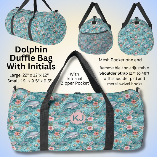Sac De Sport Ajouter Initiales, Dauphins Bleus Aqua & Fleurs