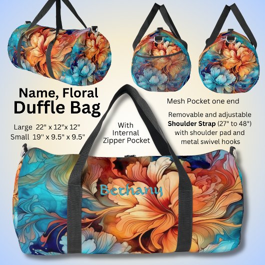 Sac De Sport Ajouter le nom Fleurs Aqua & Gold Floral Abstrait