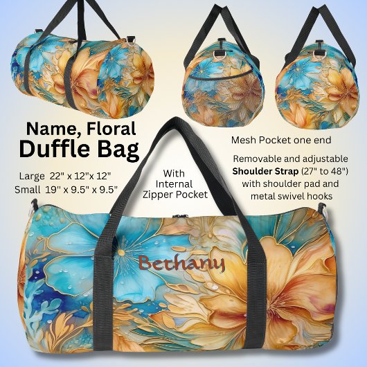 Sac De Sport Ajouter le nom Fleurs Aqua & Gold Floral Abstrait