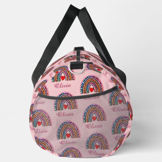 Sac De Sport Ajouter un nom, Leopard Boho Rainbow Coeurs roses (Droite)