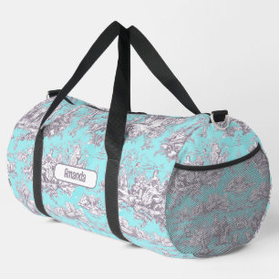 Sac De Sport Aqua vintage fleuri bleu toile de jouy monogramme