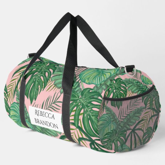 Sac De Sport Aquarelle de fille Tropical Palm Leaf Nom rose (Coin droit)
