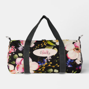 Sac De Sport Aquarelle rose Roses jaunes sur noir, Monogramme