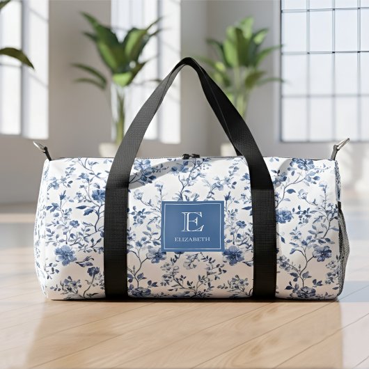 Sac De Sport Blue French Toile Pattern Monogram Name Elegant