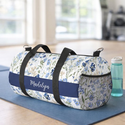 Sac De Sport Blue Watercolor Wildflower Monogram