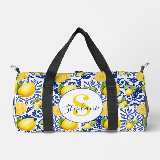 Sac De Sport Blue White Lemon Tile Pattern Monogram Name Citrus (Recto)