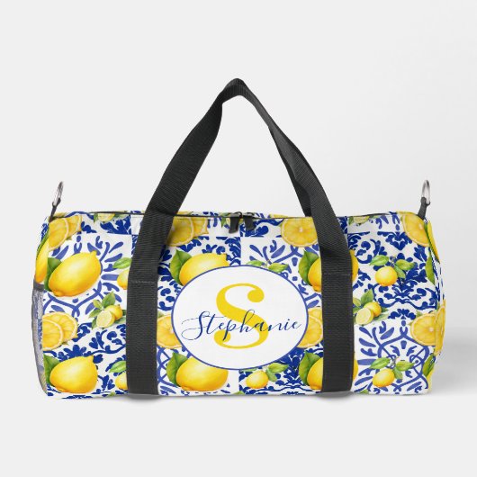 Sac De Sport Blue White Lemon Tile Pattern Monogram Name Citrus (Verso)