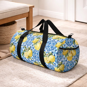 Sac De Sport Carreau méditerranéen à motif citron bleu blanc