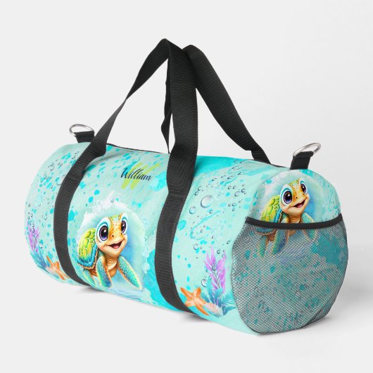 Sac De Sport Cute Happy Turtle Boy Ocean Blue Turquoise Nom (Coin droit)