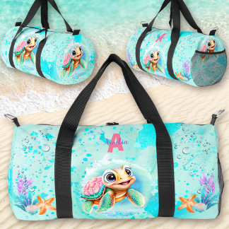 Sac De Sport Cute Happy Turtle Girl Ocean Rose Turquoise Nom
